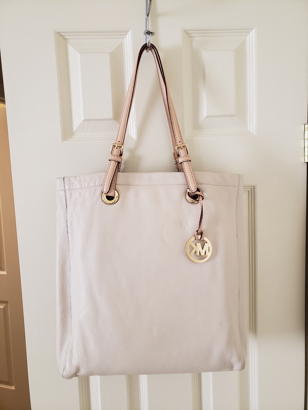Michael Kors Cream Leather Tote with Gold Logo Charm